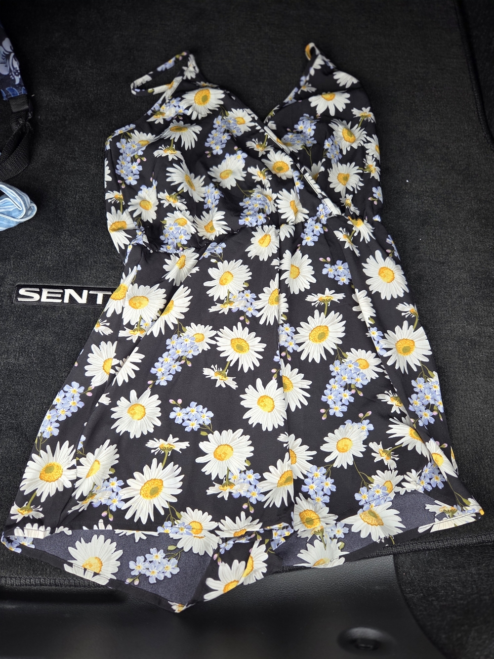 SHEIN Black Romper with White & Yellow Daisy Print